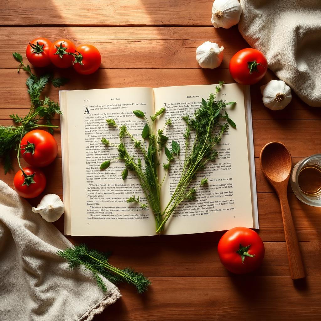 Open cookbook with fresh herbs and tomatoes on a wooden table